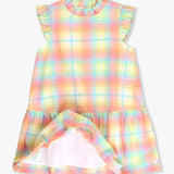 New Rainbow Plaid Mock Neck Sleeveless Flutter Dress
