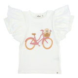 Butterfly Short Sleeve Cotton Tee - Bicycle Puppy Basket Applique - Oyster