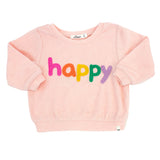 Cotton Terry Boxy Sweatshirt - Rainbow "happy" Applique - Pale Pink