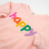 Cotton Terry Boxy Sweatshirt - Rainbow "happy" Applique - Pale Pink