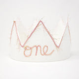 First Birthday Crown - One with Blush/Gold Trim on Oyster Linen