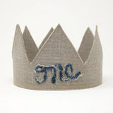 First Birthday Linen Crown - "One" Multi Blue Yarn - Oatmeal