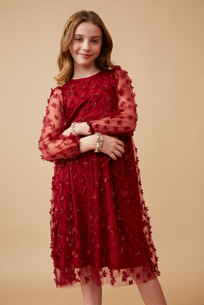 Girls Floral Applique Long Sleeve Mesh Dress- Burgundy Tweedle Beedle Girls Floral Applique Long Sleeve Mesh Dress- Burgundy Tweedle Beedle