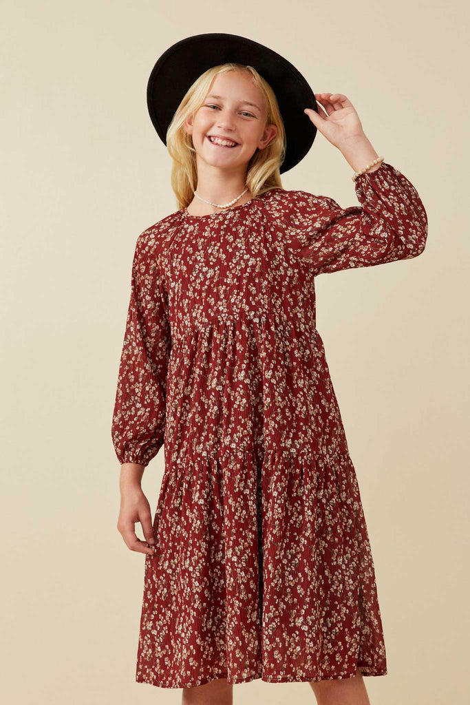 Girls Textured Floral Puff Sleeve Midi Dress- Burgundy Tweedle Beedle Girls Textured Floral Puff Sleeve Midi Dress- Burgundy Tweedle Beedle