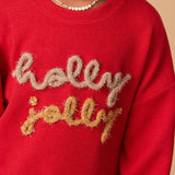 Handknit Tinsel Holly Jolly Verbiage Ribbed Knit Top