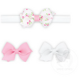 One Wee Rose-patterned Printed and Two Solid Wee Grosgrain Hair Bows and One Add-A-Bow Band