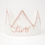 "Two" Birthday Crown with Blush/Gold Trim on Oyster Linen