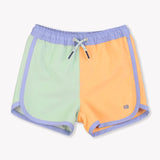 Periwinkle, Frost Green, and Ginger Color Block Dolphin Hem Swim Trunks