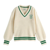 Girls' V-Neck Embroidered Pullover Sweater