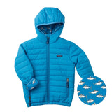 Kid's Hooded Puffer Jacket in Dresden Blue with Bigeye Tuna Print Liner