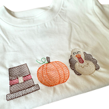 Turkey, Hat & Pumpkin Embroidered T-Shirt