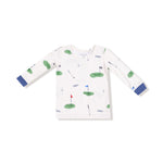 Children's long-sleeve shirt with golf-themed design on a white background