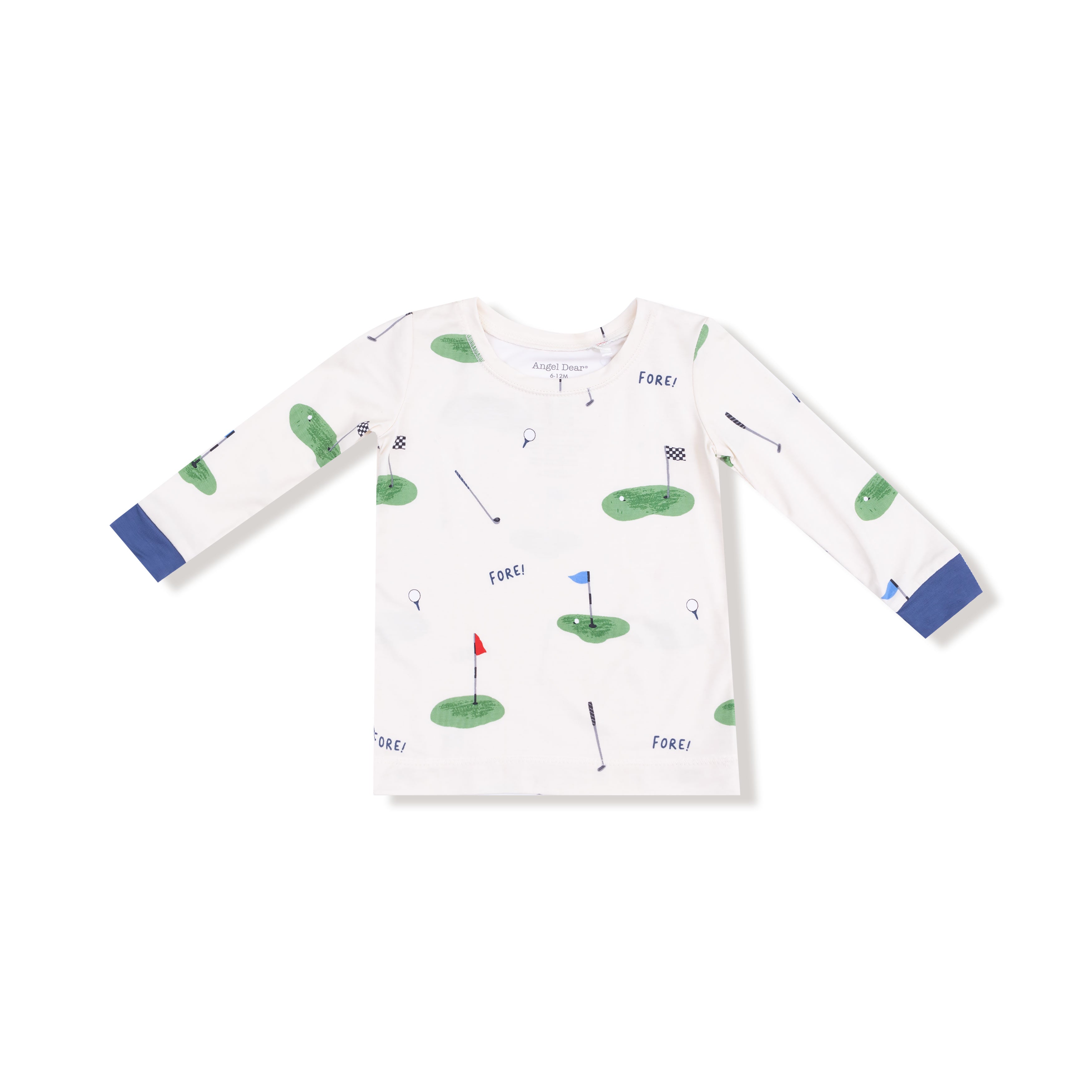 Children's long-sleeve shirt with golf-themed design on a white background