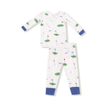 Children's pajama set with golf-themed print on a white background