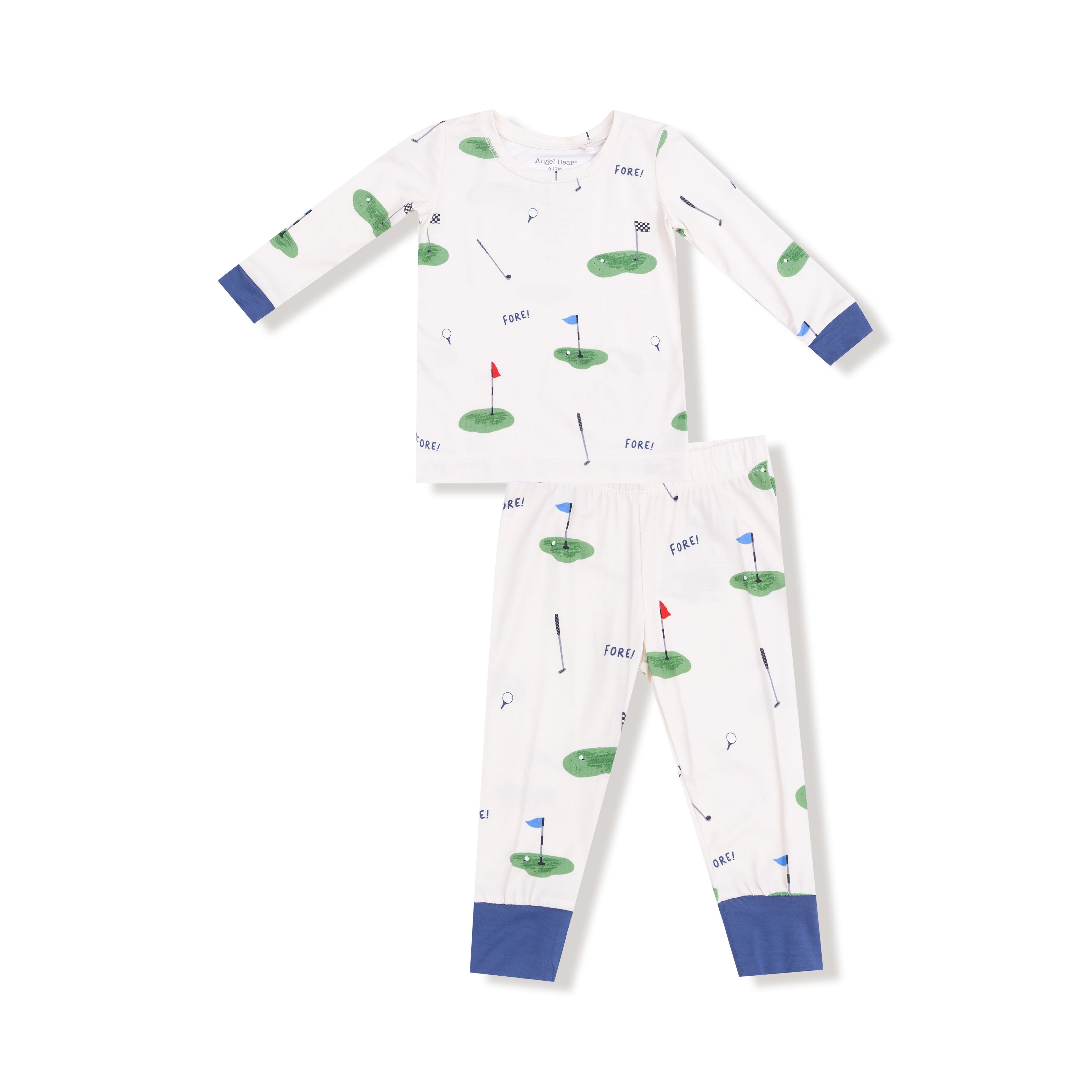 Children's pajama set with golf-themed print on a white background