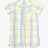 Clubhouse Rainbow Plaid Short Sleeve Woven Button-Up Romper