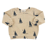 Cotton Terry Boxy Sweatshirt - Denim Sailboats Print - Sand