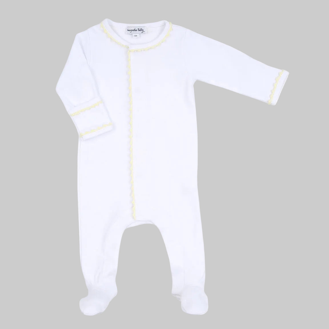 A white baby footie with blue or yellow embroidery details, and footprints at the bottom.