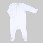 A white baby footie with blue or yellow embroidery details, and footprints at the bottom.