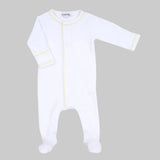 A white baby footie with blue or yellow embroidery details, and footprints at the bottom.