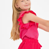 Ruffle Sleeves Ribbed Knit Top - Hot Pink