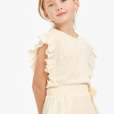 Ruffle Sleeves Ribbed Knit Top - Cream