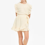 Ruffle Sleeves Ribbed Knit Top - Cream