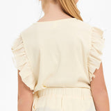 Ruffle Sleeves Ribbed Knit Top - Cream