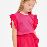 Ruffle Sleeves Ribbed Knit Top - Hot Pink