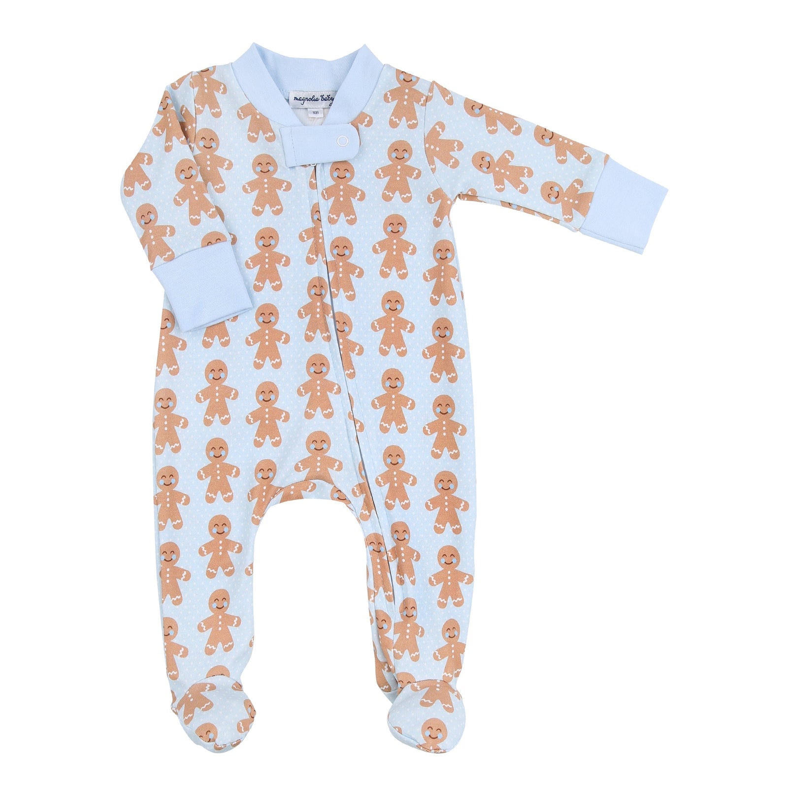 Gingerbread Kisses Blue Printed Zipper Footie, holiday outfits for newborns
