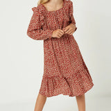 Girls Square Neck Floral Ruffle Midi Dress- Rust