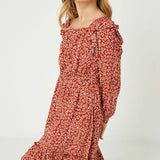 Girls Square Neck Floral Ruffle Midi Dress- Rust
