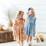 Golden Blooms 3/4 Sleeve Ruffle Twirl Dress