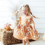 Golden Blooms 3/4 Sleeve Ruffle Twirl Dress