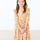 Golden Blooms 3/4 Sleeve Ruffle Twirl Dress