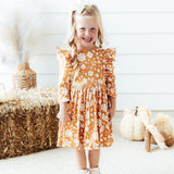 Golden Blooms 3/4 Sleeve Ruffle Twirl Dress