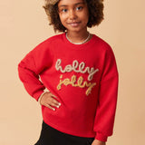 Handknit Tinsel Holly Jolly Verbiage Ribbed Knit Top