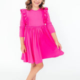 Hot Pink L/S Ruffle Twirl Dress