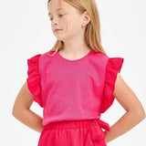 Ruffle Sleeves Ribbed Knit Top - Hot Pink