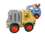 Toy construction vehicles including a bulldozer, truck, and crane on a white surface.