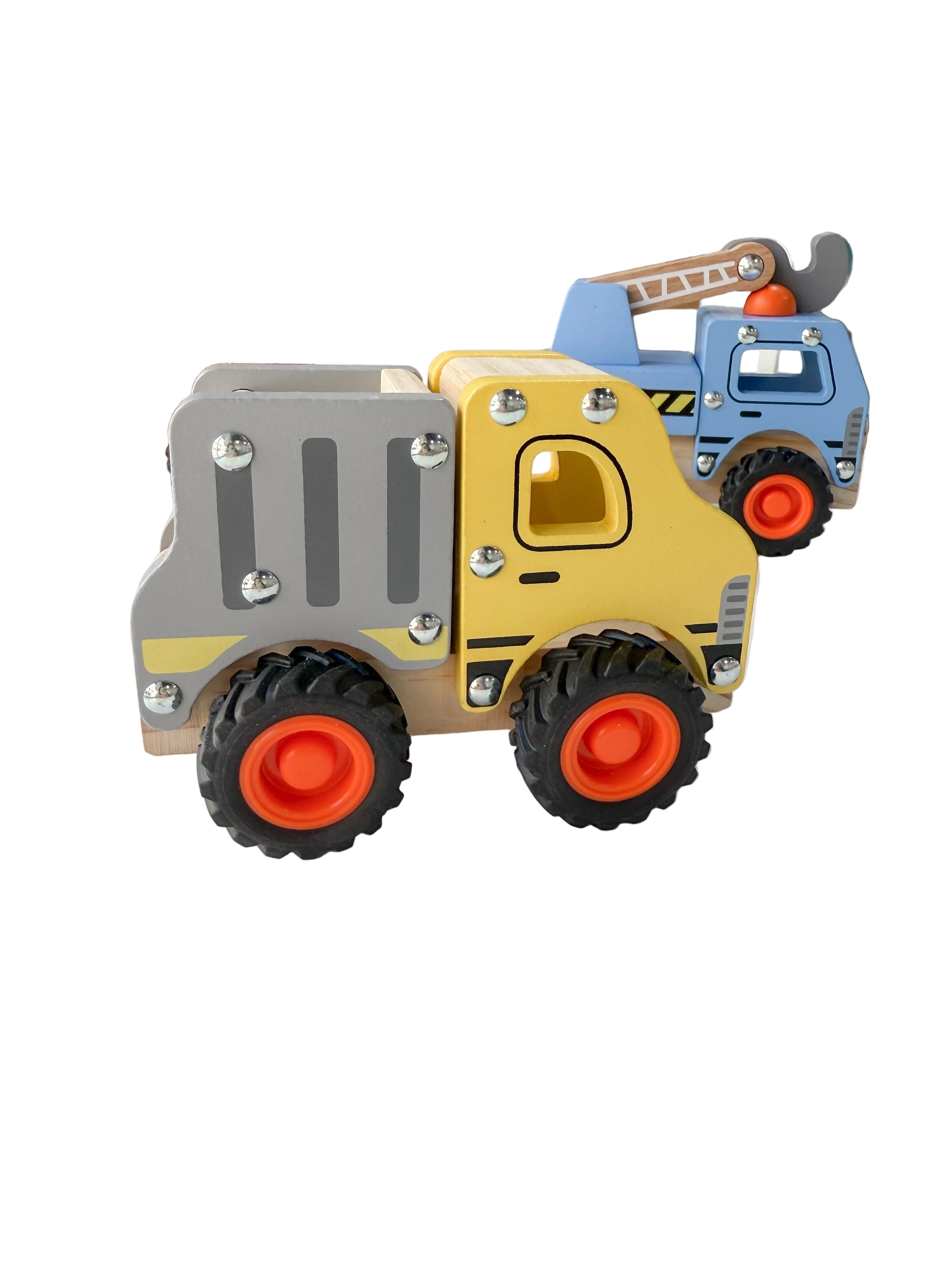 Toy construction vehicles including a bulldozer, truck, and crane on a white surface.