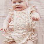 Organic Cotton Heidi Playsuit - Fifi Floral pink and cream flowers with lace jamie kay