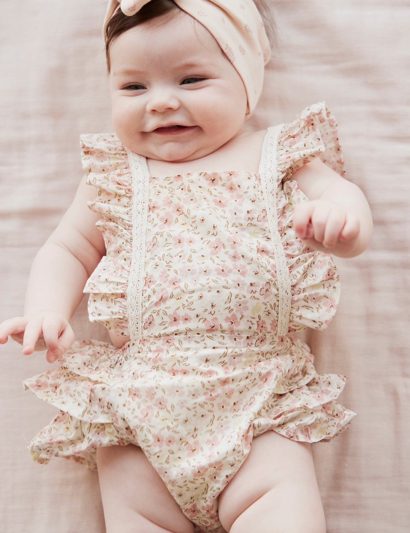 Organic Cotton Heidi Playsuit - Fifi Floral pink and cream flowers with lace jamie kay