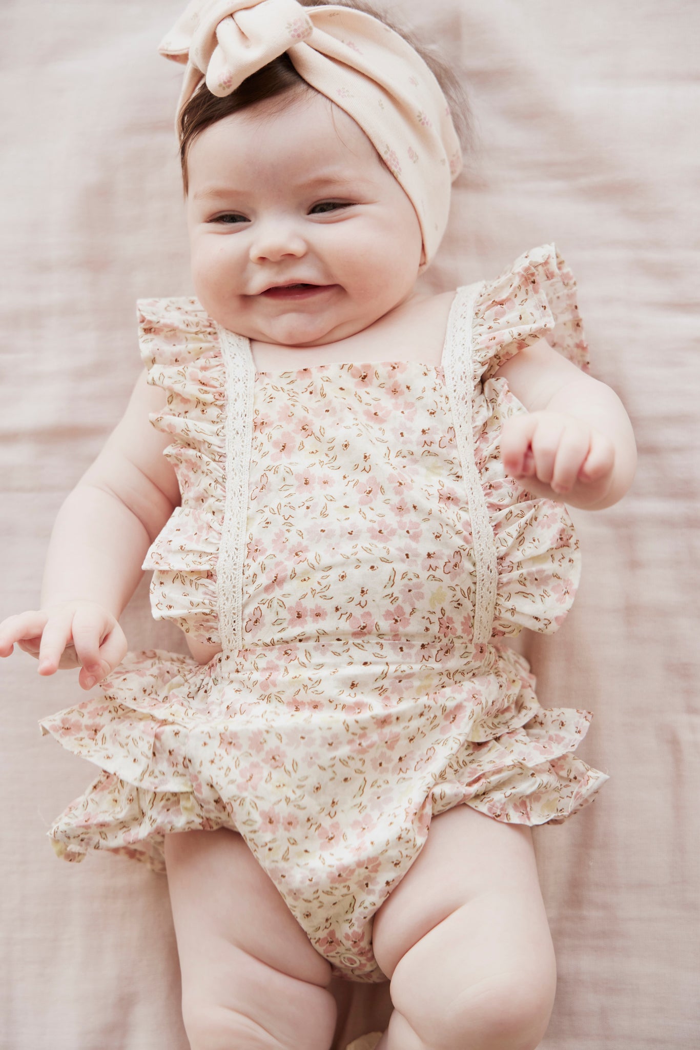 Organic Cotton Heidi Playsuit - Fifi Floral pink and cream flowers with lace jamie kay