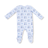 Baby onesie with blue and white pattern on a white background