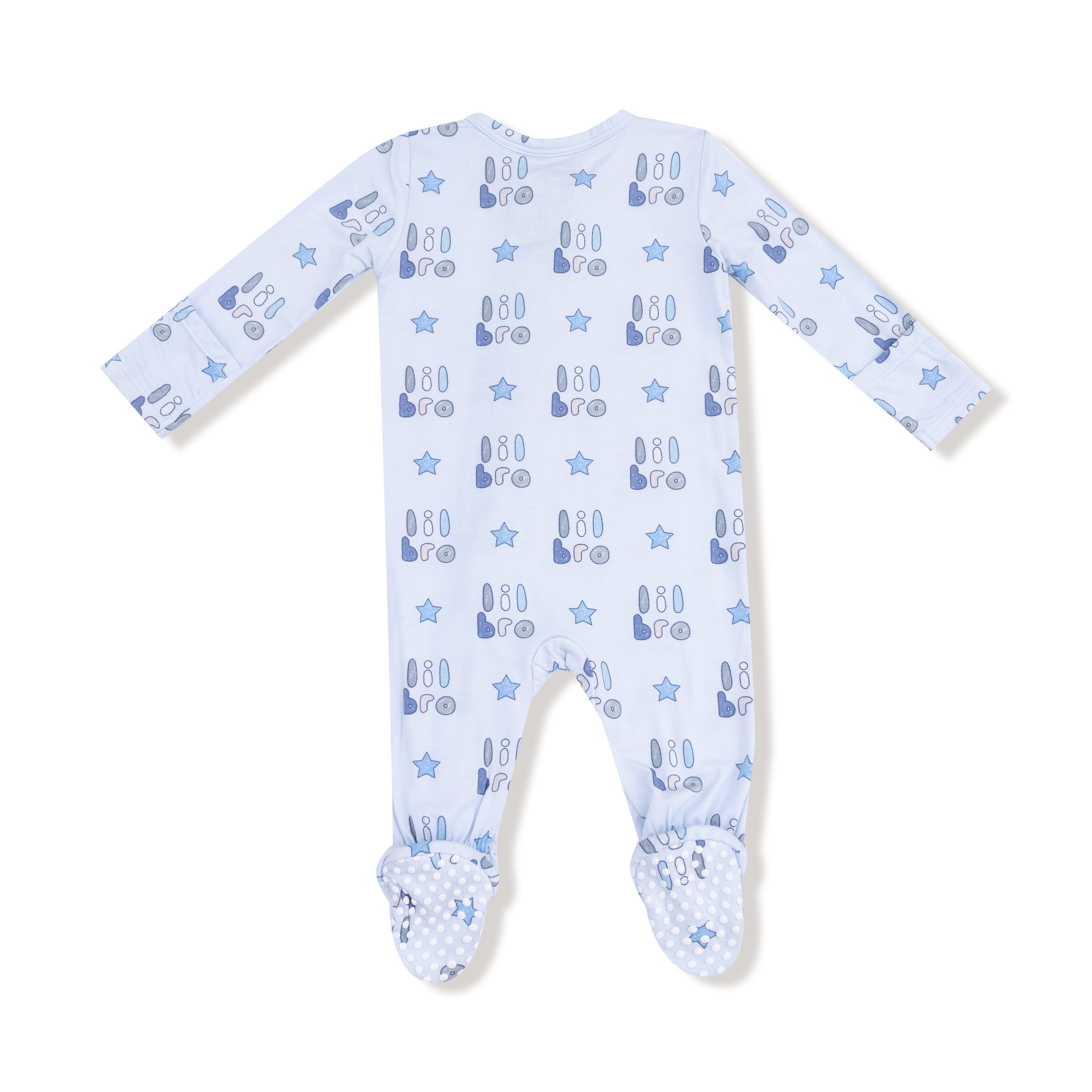 Baby onesie with blue and white pattern on a white background