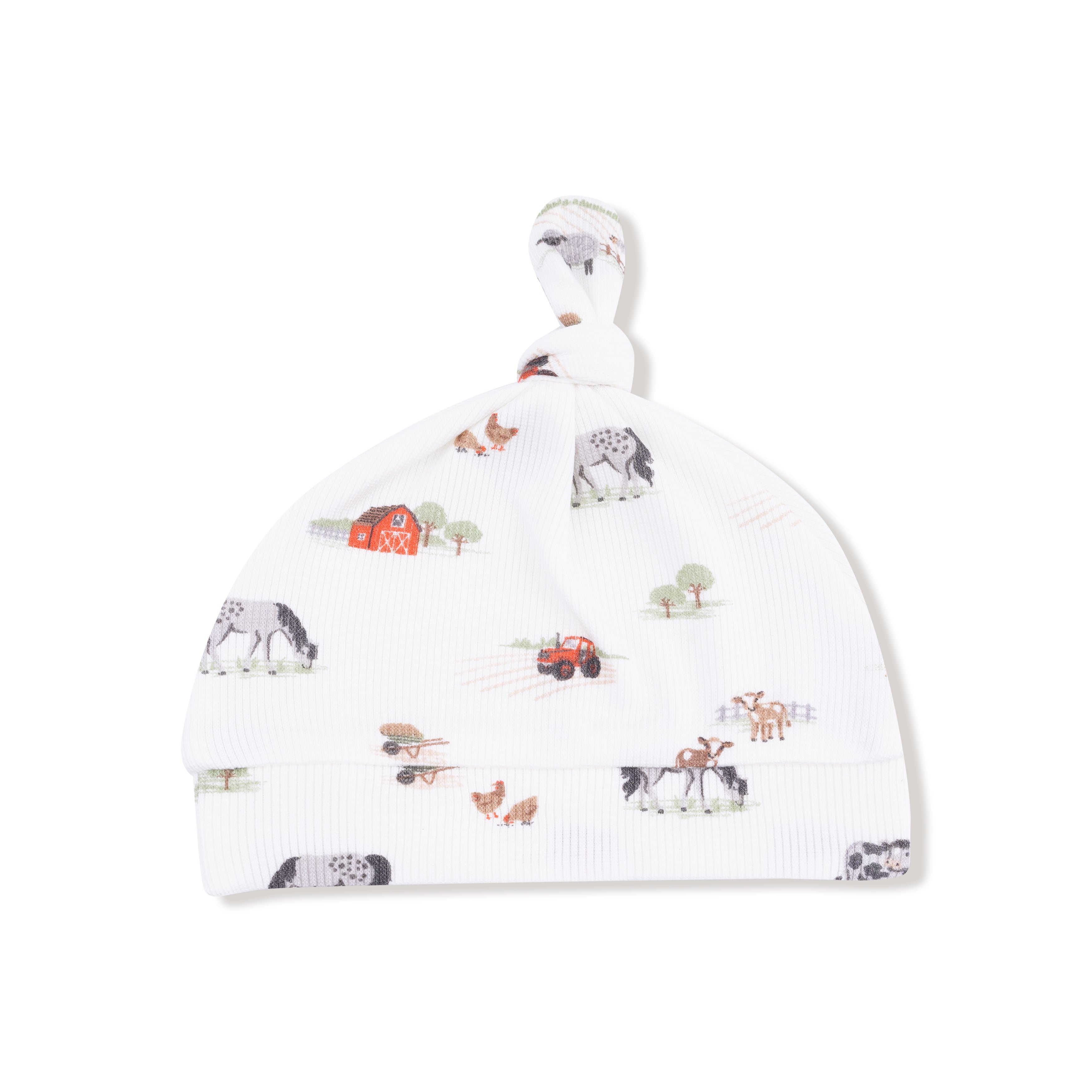 Baby hat with farm animal pattern on a white background