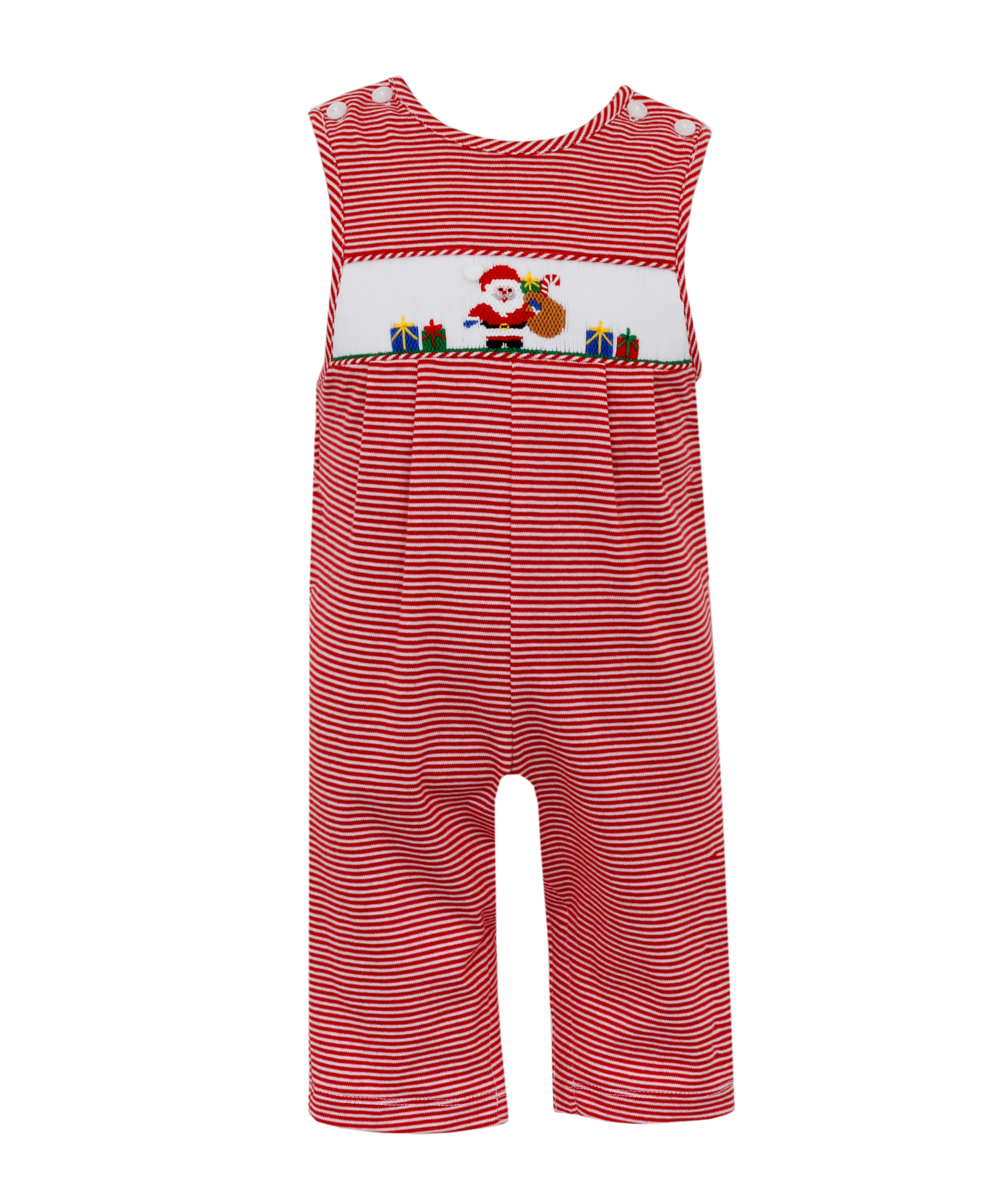 Knit Jon Jon overall smocked outfit for baby boy. Features Santa with his bag of toys and wrapped presents. Matches back with sister set in red stripe smocked Santa dress. 