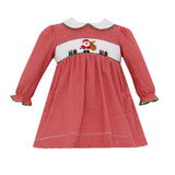 Girls Holiday Christmas Dress, Long Sleeve Red Mini Check with Beautiful Smocked Christmas Trees and Santa. Round Collar, Green Trim. Bow in Back.Red Stripe Knit Smocked Santa Long Sleeve Dress christmas smocked dress