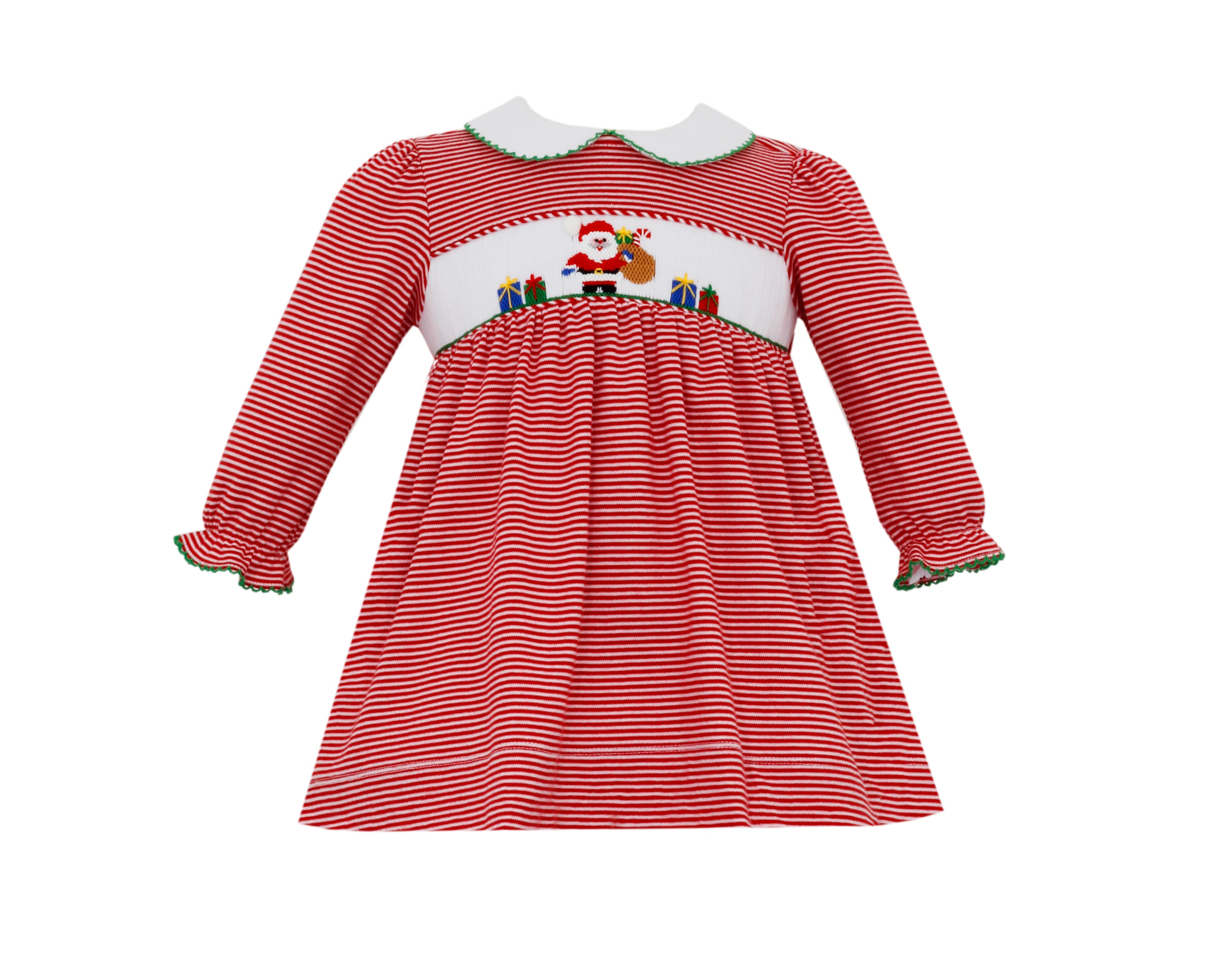 Girls Holiday Christmas Dress, Long Sleeve Red Mini Check with Beautiful Smocked Christmas Trees and Santa. Round Collar, Green Trim. Bow in Back.Red Stripe Knit Smocked Santa Long Sleeve Dress christmas smocked dress